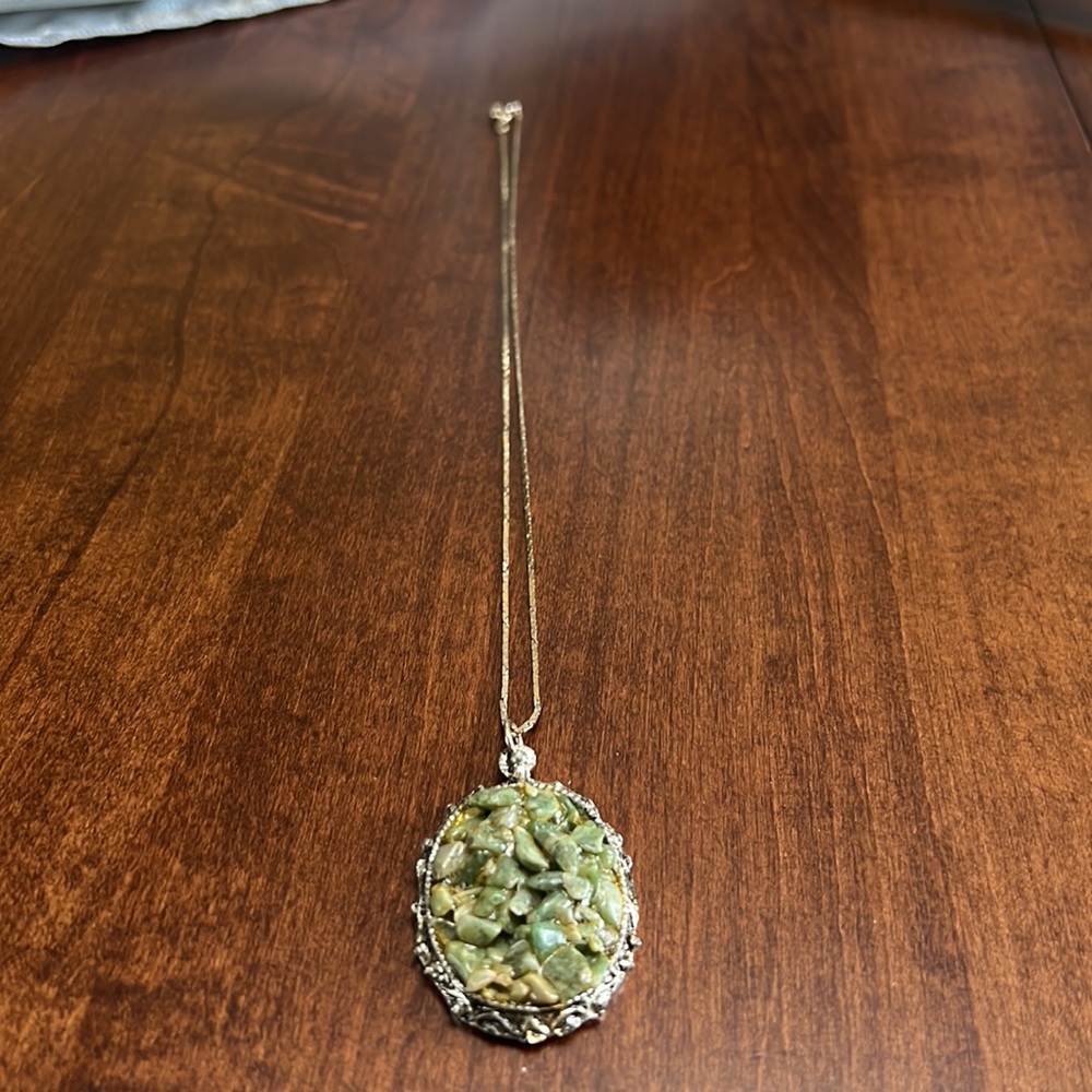 Vintage Silver Pendant Necklace with Jade Colored Stones, EUC - Picture 2 of 4